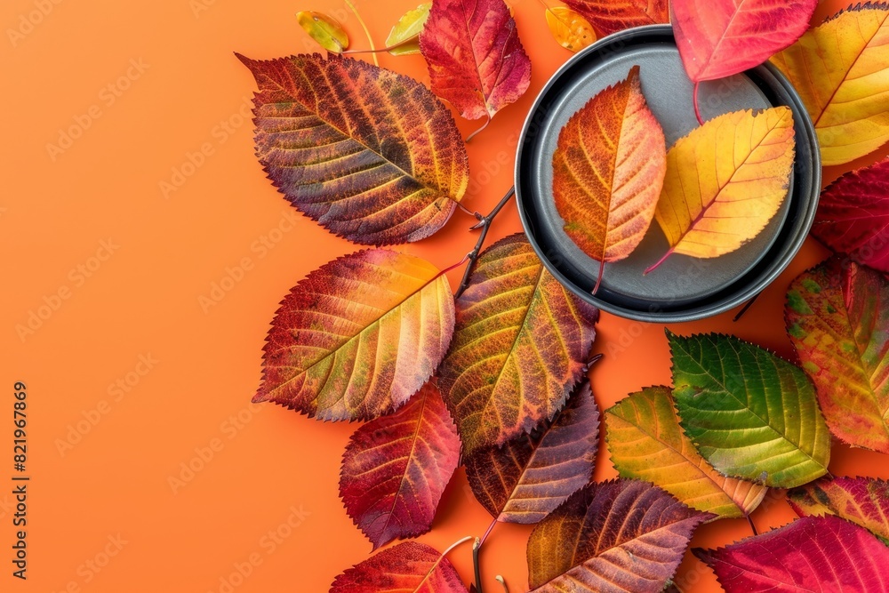 Poster aerial view of vibrant autumn leaves on orange background with generous space for adding text