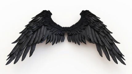 Imaginative 3D illustration of black fantasy angel wings on white background