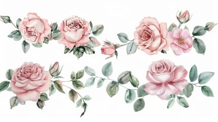 Rose watercolor arrangement set, collection of garden flowers, leaves, branches, isolated on white.