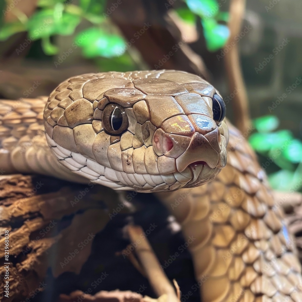 Poster A detailed shot of a snake resting on a tree branch. Perfect for wildlife or nature themes