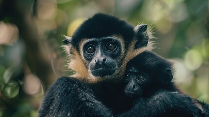 Obraz premium A touching image of a monkey holding a baby monkey. Perfect for illustrating love and care in nature