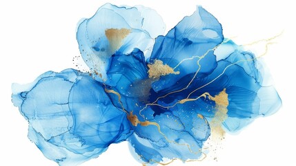 Isolated blue watercolor illustrations and gold on white background. Abstract modern print. Logo.