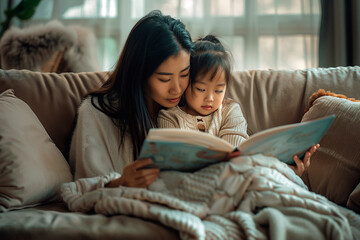 Mother reading a book to her daughter on a cozy couch in a warm and comfortable home setting