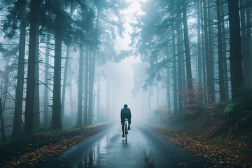Cyclist riding through a misty forest road lined with tall trees on a foggy day
