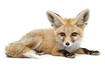A fox laying down on a white surface. Suitable for animal-themed designs