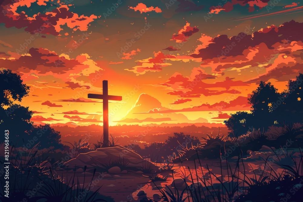 Poster a cross silhouette on a hill with a beautiful sunset background. suitable for religious concepts or 