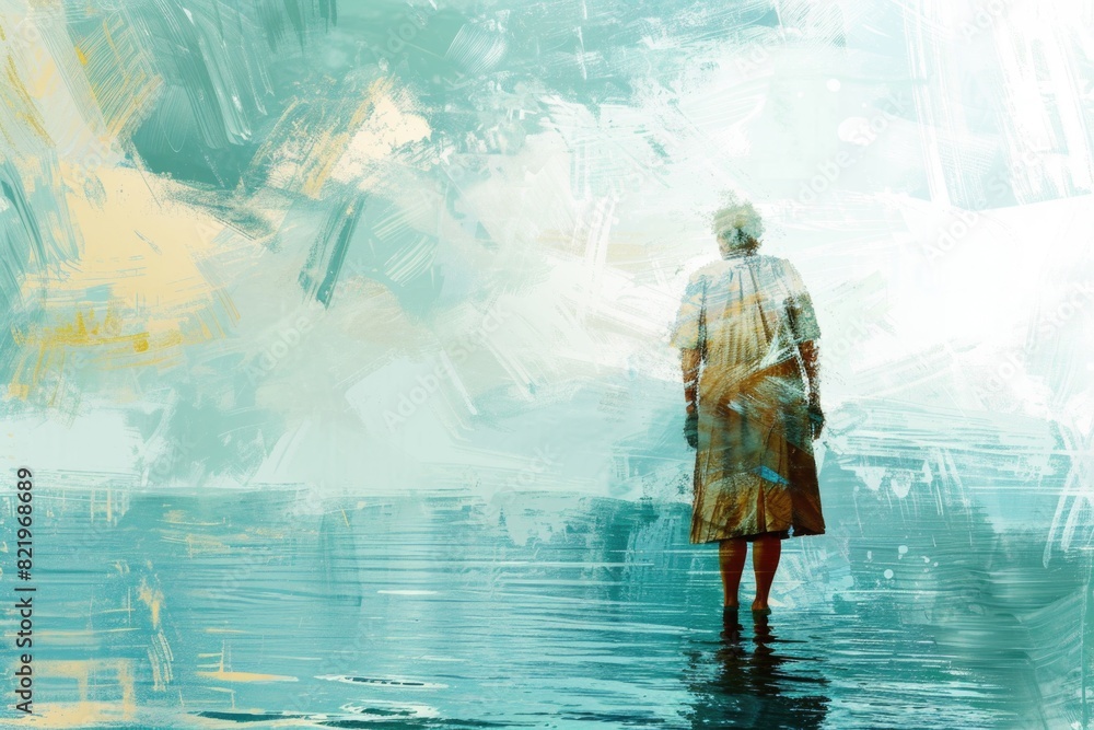 Poster a person standing in the water, suitable for various concepts and projects
