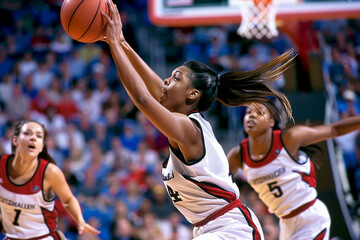 Female basketball player jumping to make a pass during a game