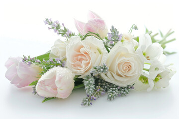 Small bouquet with dew-kissed flowers on white background