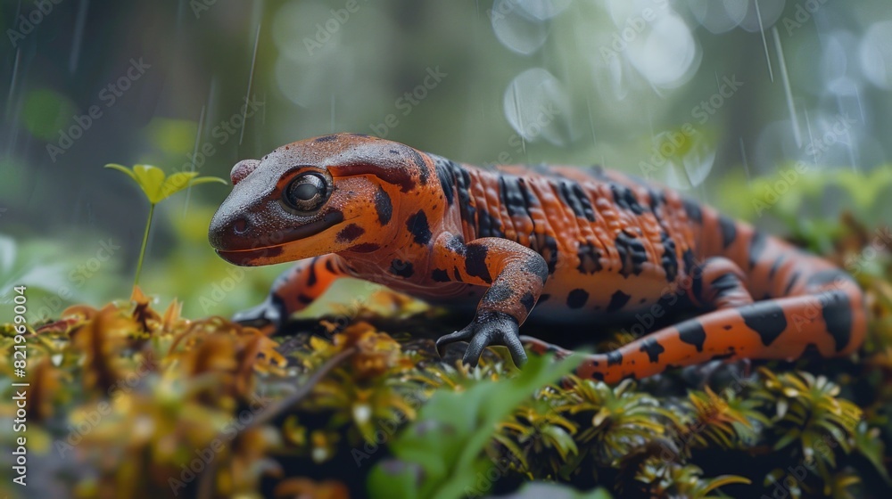Poster A small lizard in vibrant colors resting on moss. Suitable for nature and wildlife themes
