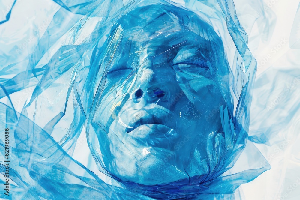 Poster close up of a person statue covered in plastic, suitable for various concepts