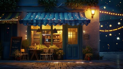 3D illustration of a night scene in a cafe with a striped awning, blue shutters, and a door on a smartphone screen with stars. Concept art of an online cafe reservation at night with yellow light
