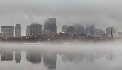 Buildings in Boston's Beacon Hill neighborhood emerging from the fog from across the Charles River