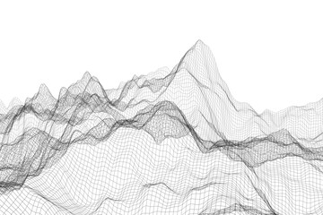Abstract wire mesh waves in a 3D design on a white background, resembling a futuristic technological terrain