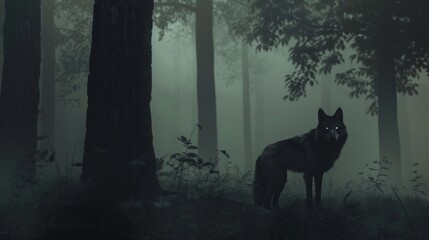 A 3D rendering of a wolf in a dark, mysterious forest with fog