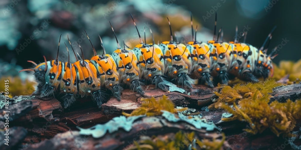Poster close-up of a caterpillar on a tree branch. suitable for nature and wildlife themes