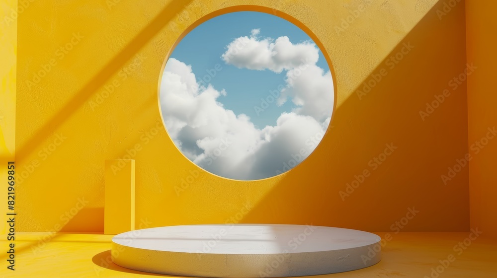 Poster in this 3d rendering you will see an abstract background with blue skies inside the window on yellow
