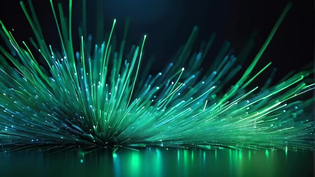 Fiber optic lights emitting bright green and teal colors in a darkened room, background, backdrop