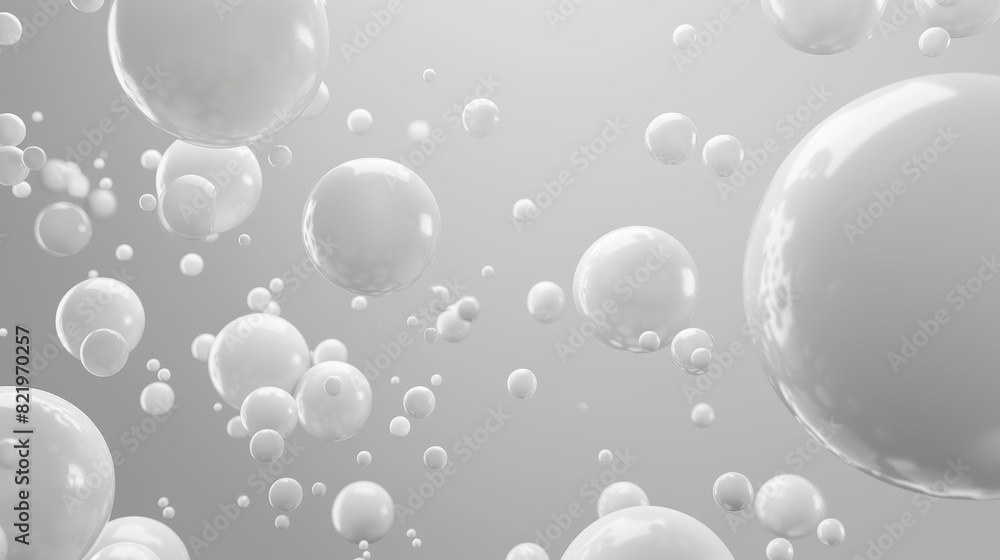 Poster snowy white balls on grey background. fluid white soft spheres. abstract background with dynamic 3d 
