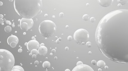 Snowy white balls on grey background. Fluid white soft spheres. Abstract background with dynamic 3D spheres. Trendy cover or banner design template. Modern illustration EPS10.