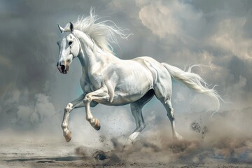 Obraz na płótnie Canvas A majestic white horse galloping on sandy beach. Perfect for equestrian and nature themes