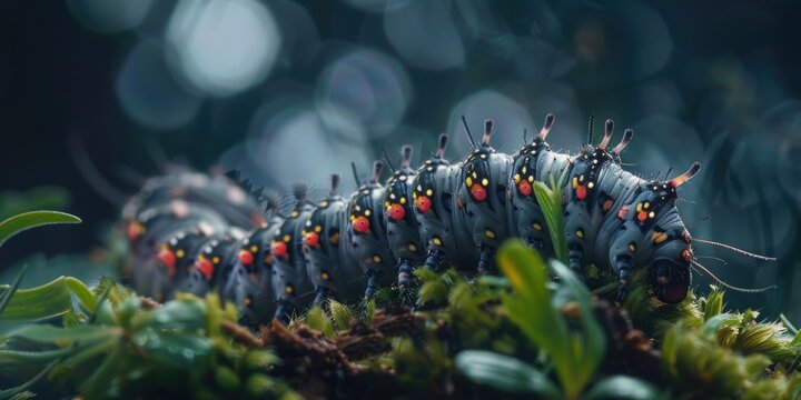 Close up of a caterpillar on a green plant. Suitable for educational materials or nature blogs
