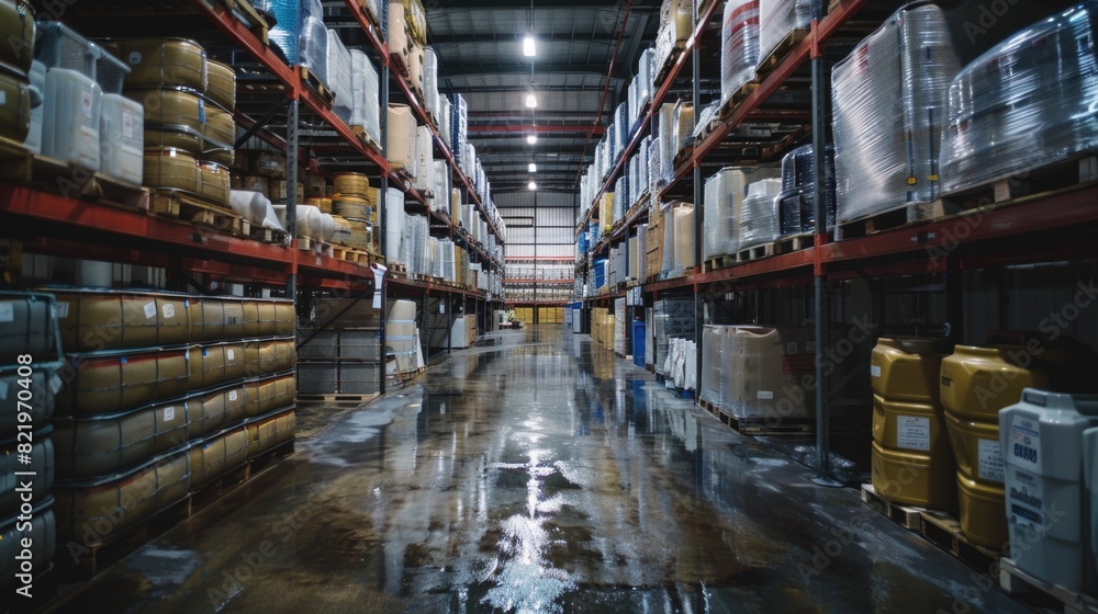 Poster a large warehouse filled with boxes. perfect for logistics and storage concepts