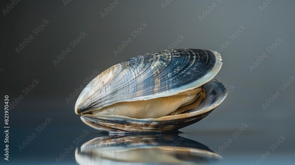 Poster Close up view of a clam shell on a shiny surface. Perfect for marine and beach themed projects