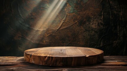 A rustic wooden platform with a dark, moody background, perfect for showcasing products.  The lighting creates a dramatic, textured effect.