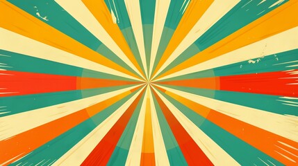 Graphic print of a sunburst graphic print on a 60s/70s groovy background