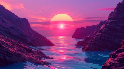 Rendering of futuristic landscape with cliffs and water. Modern abstract background with sunset or sunrise light. Spiritual zen wallpaper.