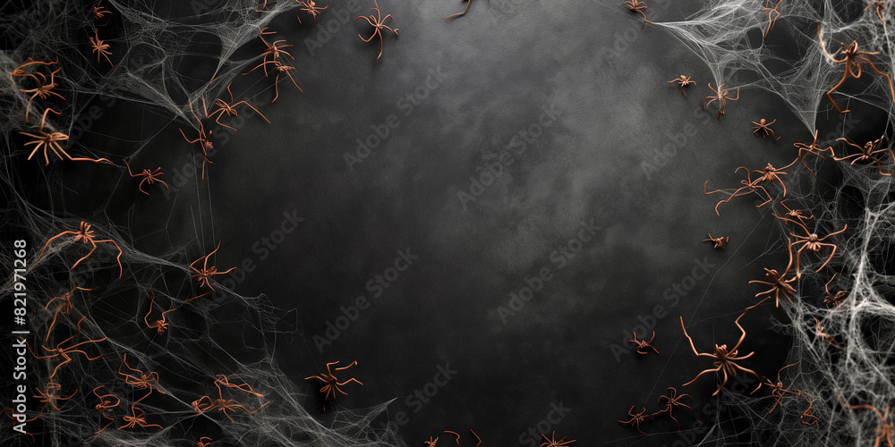 Wall mural Spider web on dark background with many small spiders, background photography, Halloween concept - Wall murals