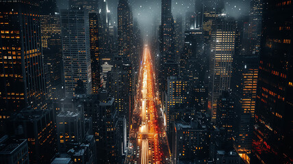Fototapeta premium Urban landscape with golden night lights of streets, panoramic background of skyscrapers of the city, aerial view