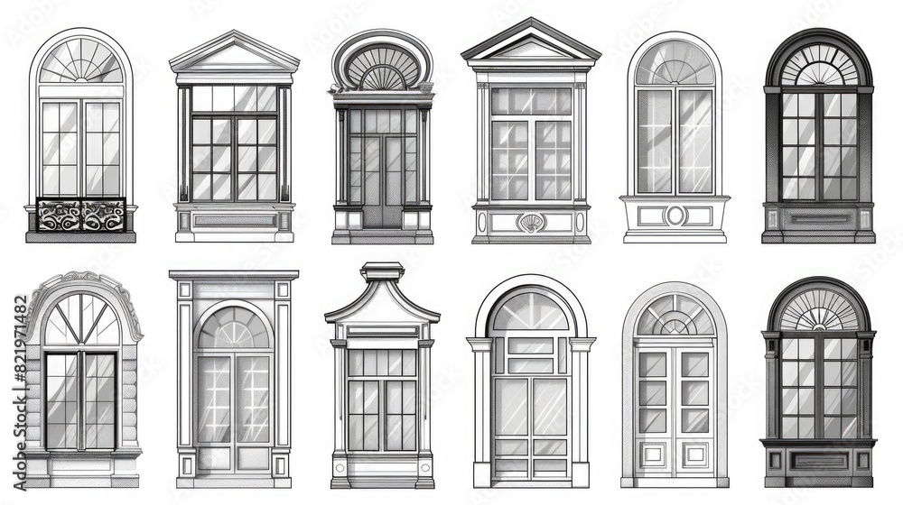 Poster A collection of windows with different styles and designs. Suitable for architectural and interior design concepts