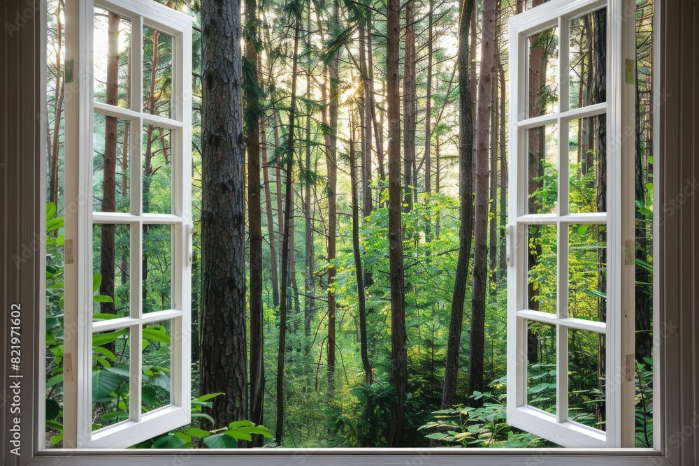 Poster View of a forest through an open window, suitable for nature concepts