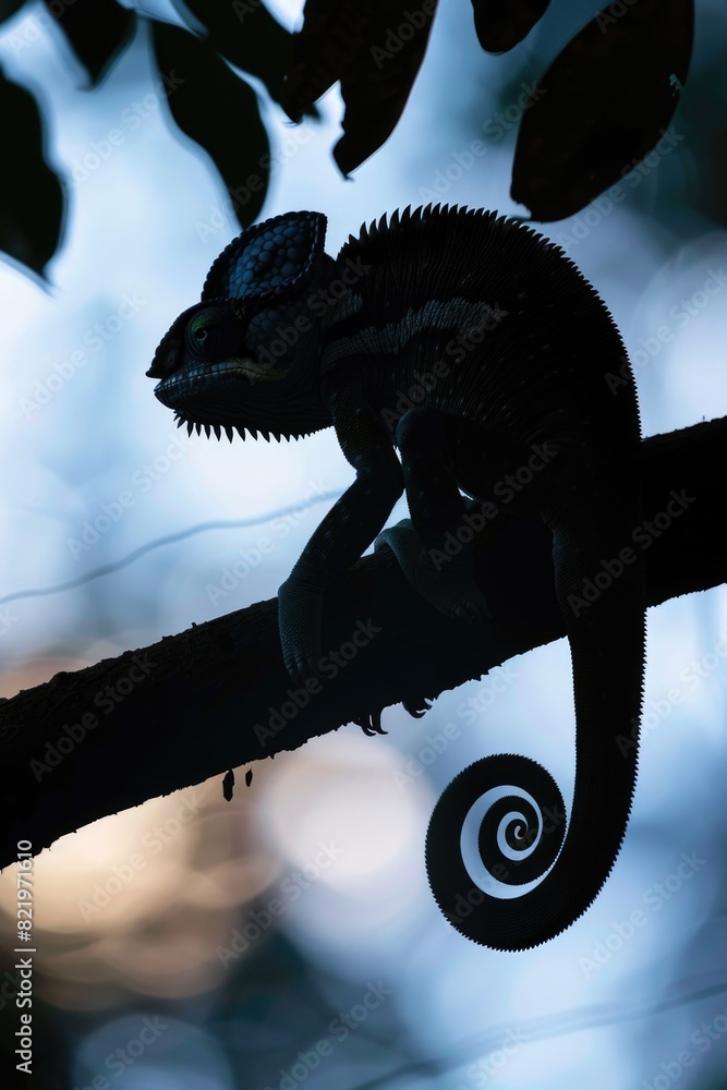 Poster a chameleon sitting on a tree branch, suitable for nature and wildlife concepts