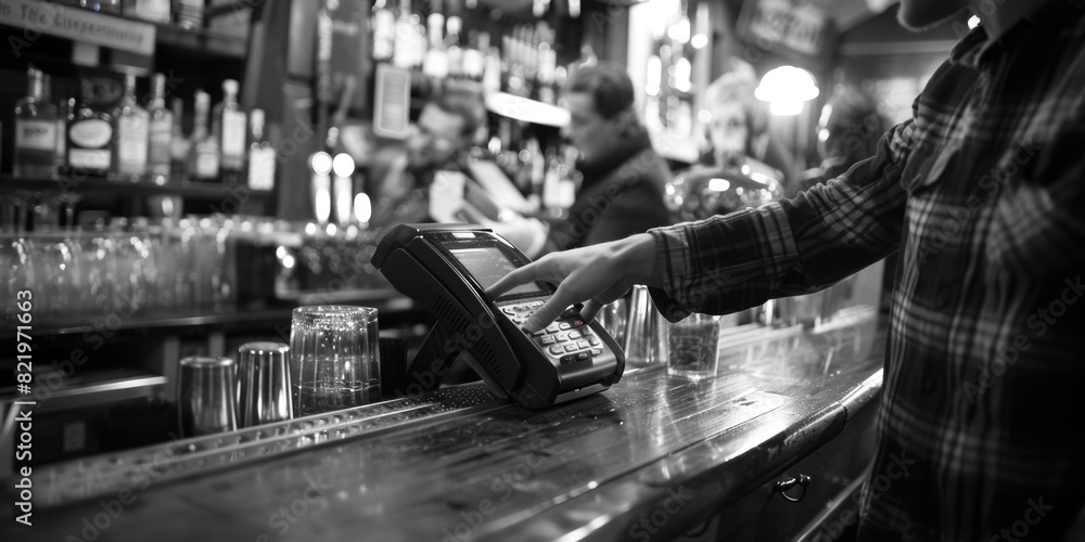 Poster a man standing at a bar making a drink. suitable for beverage concepts