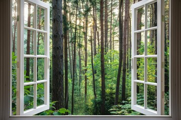 View of a forest through an open window, suitable for nature concepts