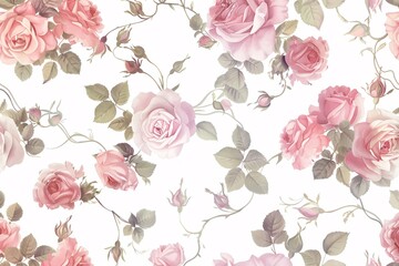 4. A sophisticated pastel rose pattern stands out against a clean white background. The roses, in various shades of pink, are surrounded by finely detailed vines that form a classic, vintage-style