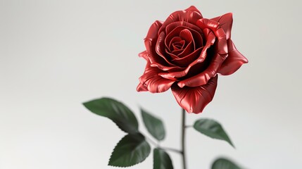 Fototapeta premium Detailed 3D rose growing bud with leaves on white background. Lovely flower gift for birthdays, holidays, or anniversary celebrations.