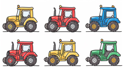 A set of different tractors, a children's background postcard on a white background