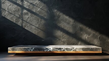 A marble platform sits on a wooden surface, bathed in the warm glow of sunlight streaming through a window.  Minimalist and elegant.  Photographic backdrop.