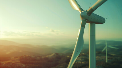 Close-up of a wind turbine at sunset. Alternative energy resources. Green energy concept. Generative AI