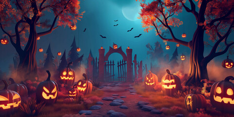 Halloween theme background, cemetery entrance gate and Jack-O-Lantern pumpkins among the trees on a dark background, advertising banner