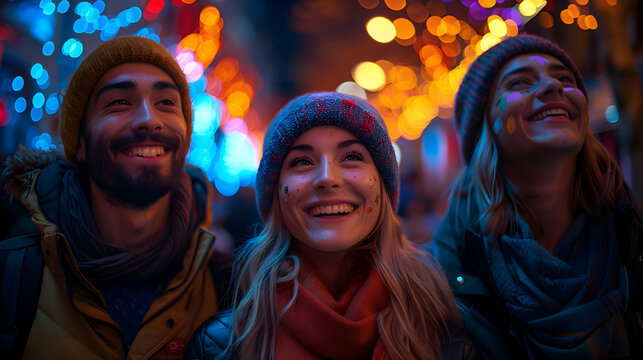 A group of friends in Halloween costumes, laughing and comparing their candy hauls under a streetlight, Bokeh