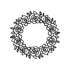 Frame of twigs with leaves. Simple round wreath, linear style. Floral border, decorative design element for logo, holiday decoration, invitation, wedding. Vector illustration of black color on white
