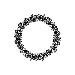 Frame of twigs with leaves. Simple round wreath, linear style. Floral border, decorative design element for logo, holiday decoration, invitation, wedding. Vector illustration of black color on white
