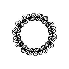 Frame of twigs with leaves. Simple round wreath, linear style. Floral border, decorative design element for logo, holiday decoration, invitation, wedding. Vector illustration of black color on white
