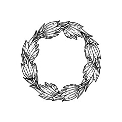 Frame of twigs with leaves. Simple round wreath, linear style. Floral border, decorative design element for logo, holiday decoration, invitation, wedding. Vector illustration of black color on white
