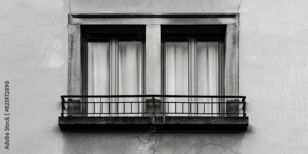 Poster a minimalist black and white photo of a window with curtains. suitable for interior design concepts